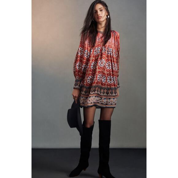 Anthropologie Tanvi Kedia S red satin Boho Mini Dress - Picture 1 of 6